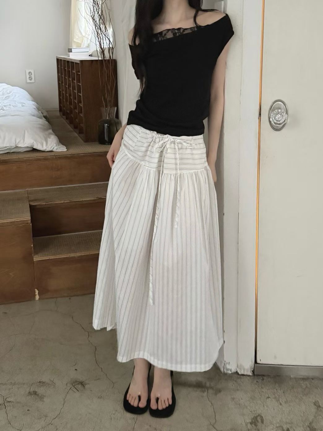 shirred stripe skirt