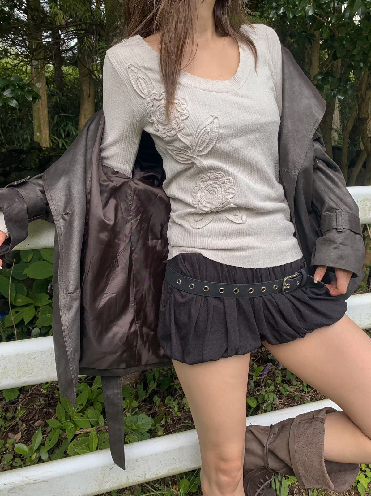 floral pleats ribbed t-shirt