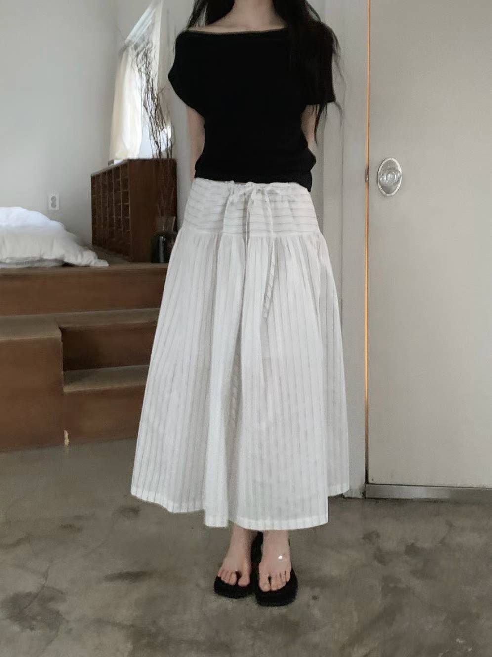 shirred stripe skirt