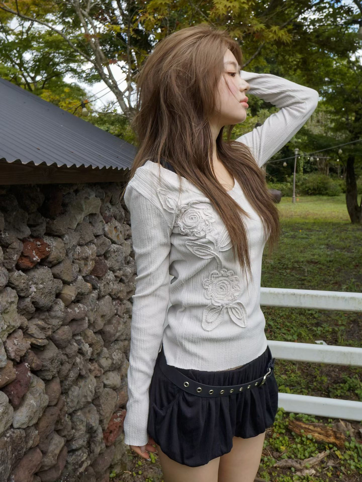 floral pleats ribbed t-shirt