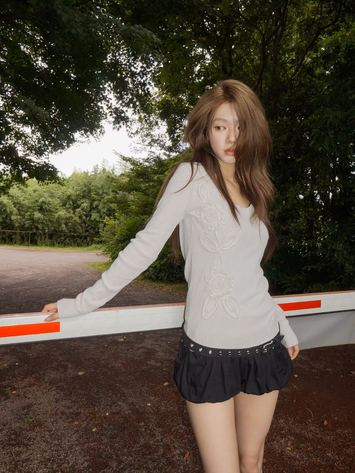 floral pleats ribbed t-shirt