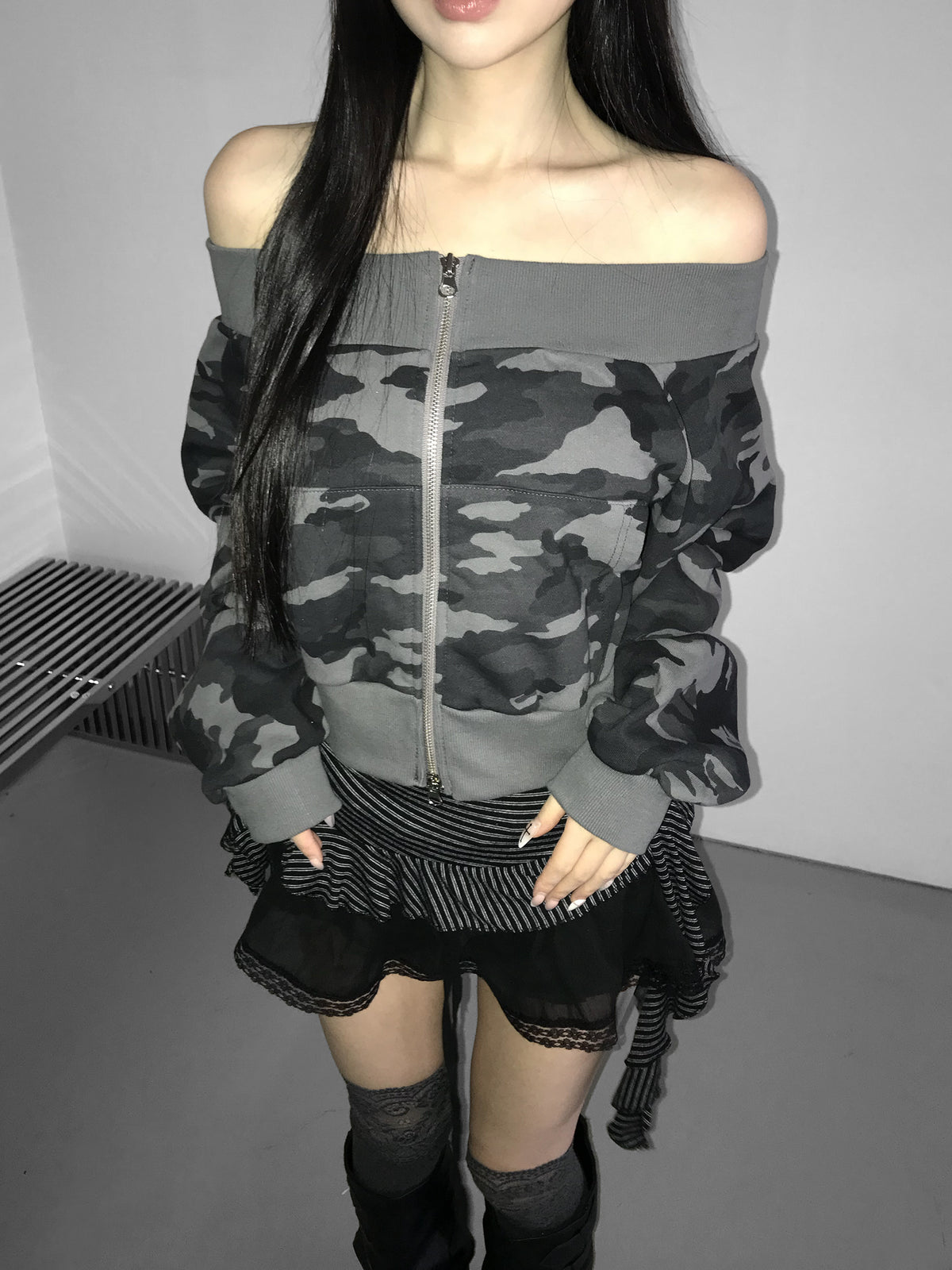 camo offshoulder jacket