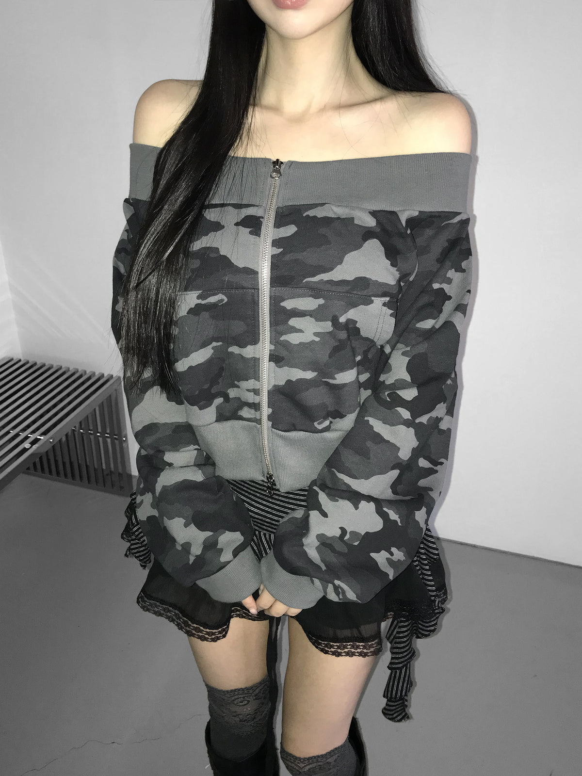 camo offshoulder jacket