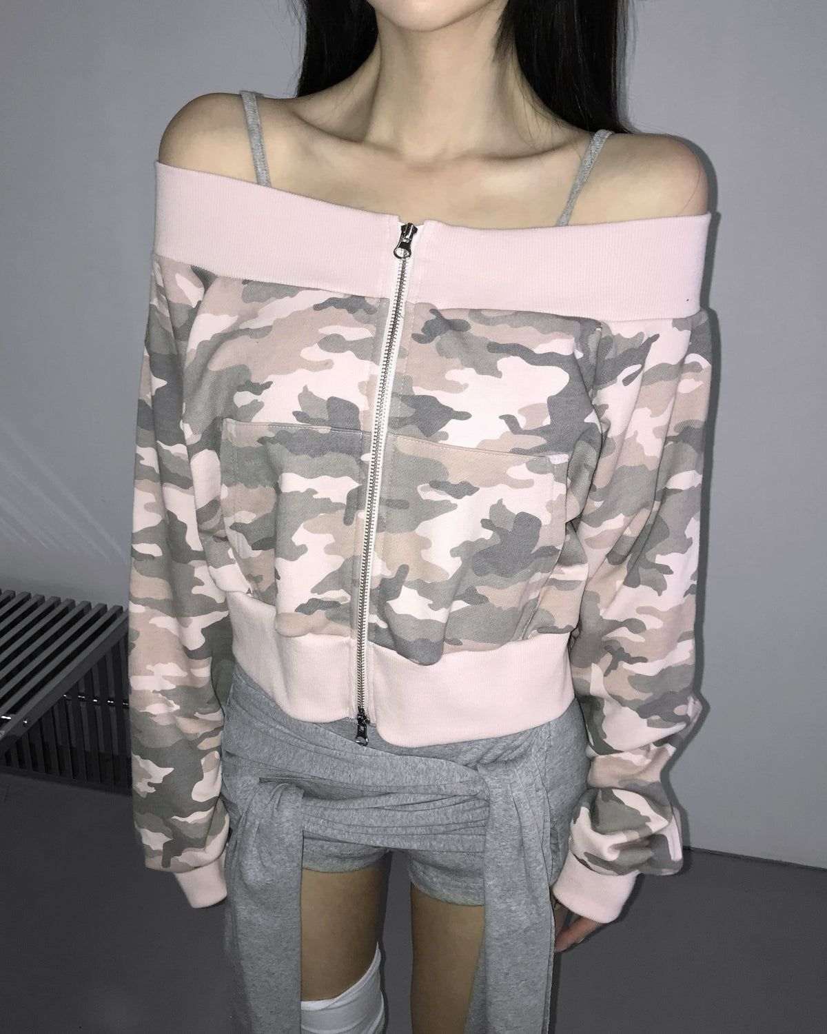 camo offshoulder jacket