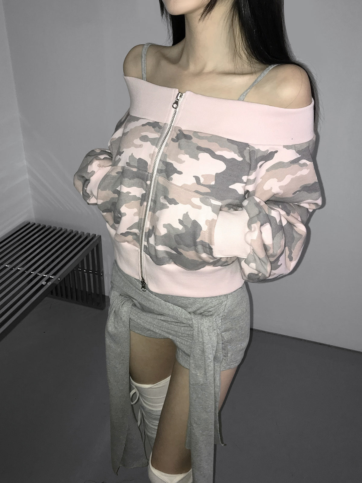 camo offshoulder jacket