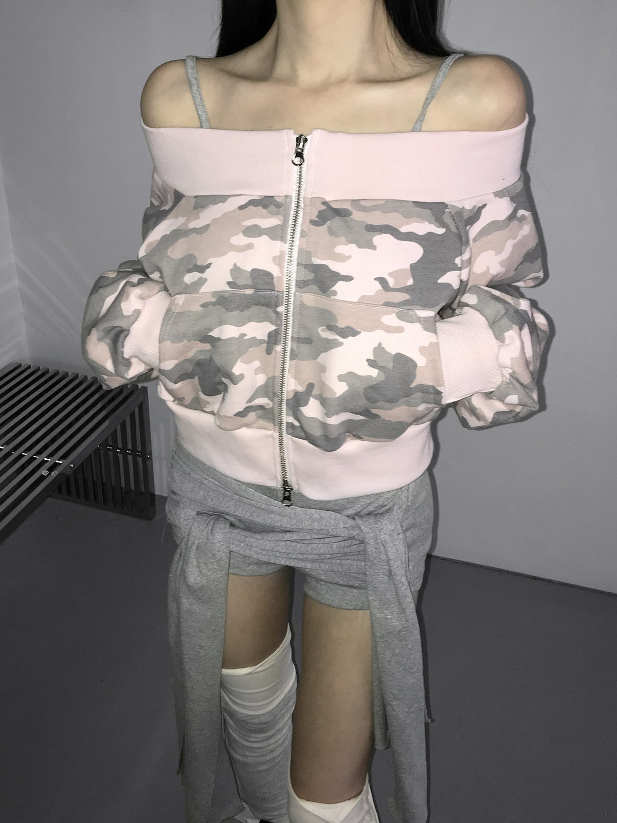 camo offshoulder jacket