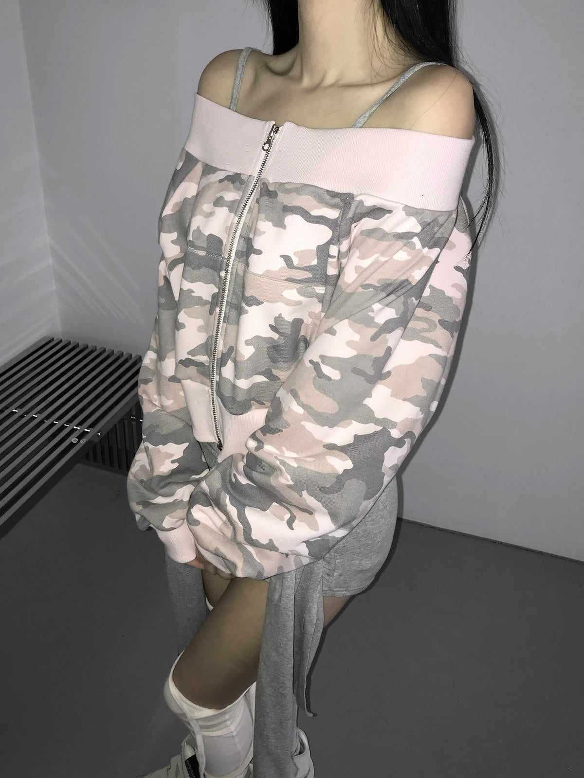 camo offshoulder jacket