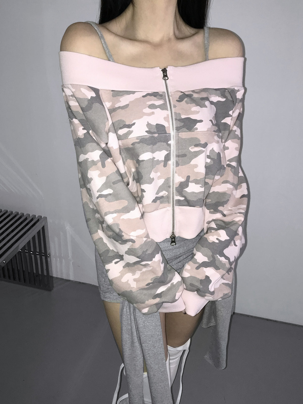camo offshoulder jacket