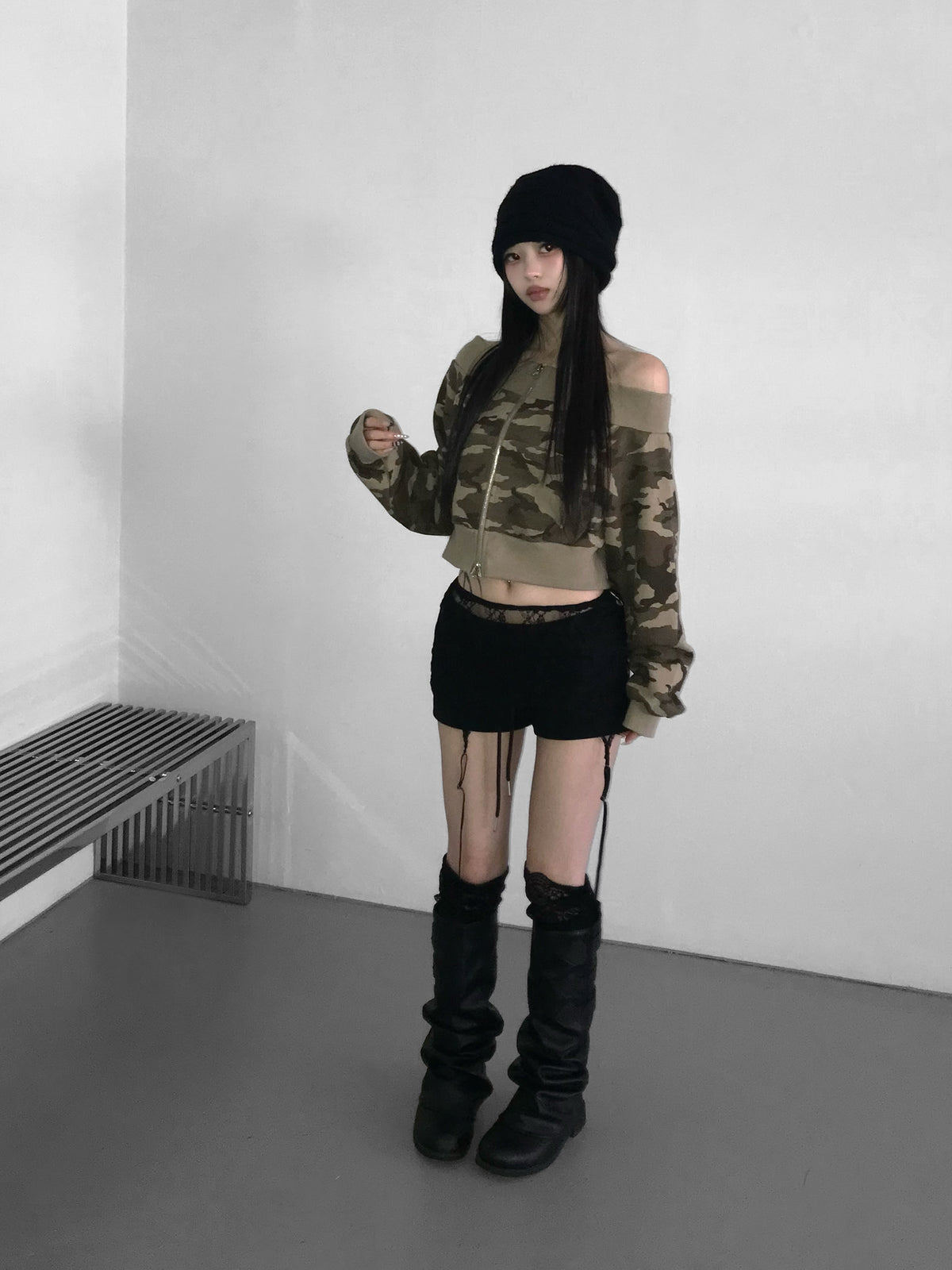 camo offshoulder jacket
